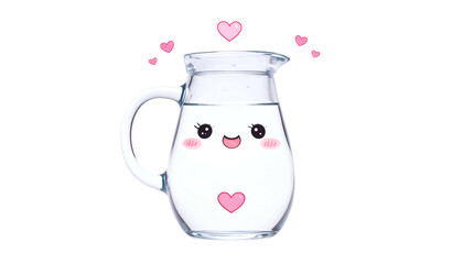 Cartoon pitcher of liquid with a smiling face and heart details, isolated on black
