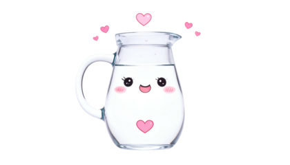 Cartoon pitcher of liquid with a smiling face and heart details, isolated on black