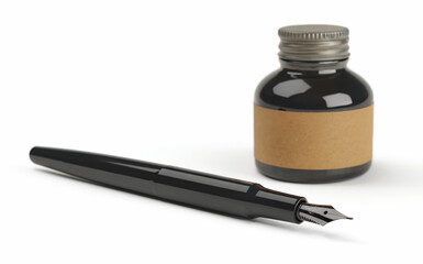 Black Fountain Pen and Glass Ink Bottle with Blank Label Isolated on White