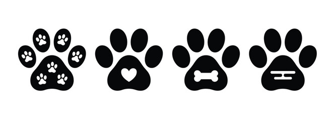 Fototapeta premium Heart paw vector icon collection with dog paw symbols, love pet illustrations, friendly animal graphics,