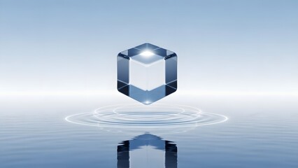 Futuristic glowing glass cube levitating over calm blue water with ripples and reflection