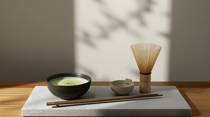 Japanese matcha green tea ceremony set with bamboo whisk chasen on minimalist stone surface copy space