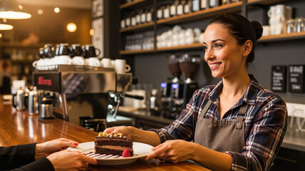 Woman barista serving chocolate cake with raspberry to customer at coffee shop counter. Concept of good service and hospitality in cafe.