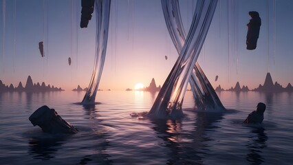 Surreal alien seascape with floating rocks and gravity-defying water columns during a pink and purple sunset