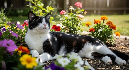 Cat Relaxing in a Colorful Garden Surrounded by Flowers.