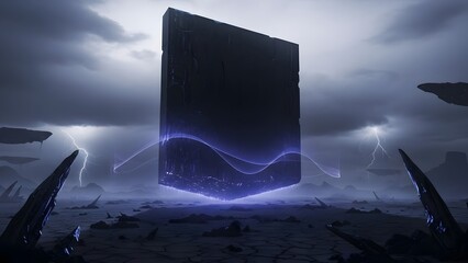Mysterious floating black monolith in a stormy alien landscape with lightning and glowing blue energy waves