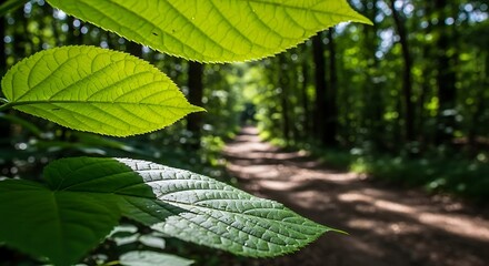 Lush green leaves frame a sunlit forest path, inviting exploration.