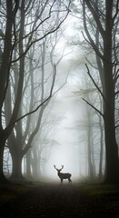 Majestic deer stands in a misty forest, a serene woodland scene.