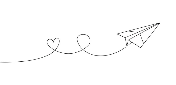 Doodle paper airplane flying with a dashed line trace forming a heart shape, simple black and vector icon