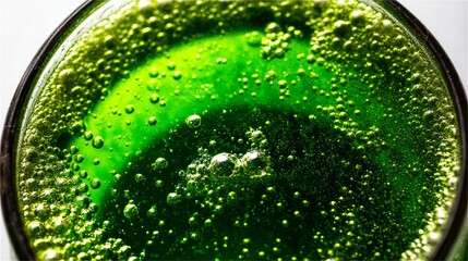 Emerald green botanical elixir with intricate bubbling texture, showcasing vibrant liquid and microscopic details.