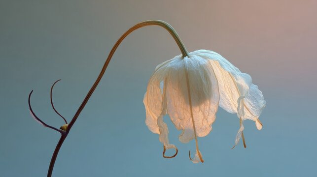 A delicate white orchid petal hangs downwards, its fragile texture illuminated by soft light against a soft blue and pink gradient background.