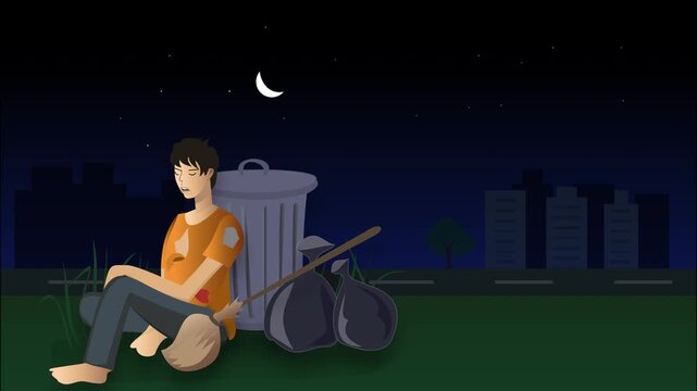 Homeless man sleeping near dustbin