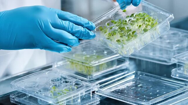 Technician working with sterile tools in a laboratory setting to propagate plants using tissue culture methods for rapid reproduction.