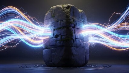 Ancient stone monolith penetrated by flowing neon light beams and electrical energy arcs, abstract sci-fi concept of nature and power