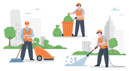 Illustrated city workers performing cleaning tasks with various equipment, including brooms, mops, pressure washers, and trash bins, ideal for urban maintenance, sanitation, and public service  © WelcomeJune