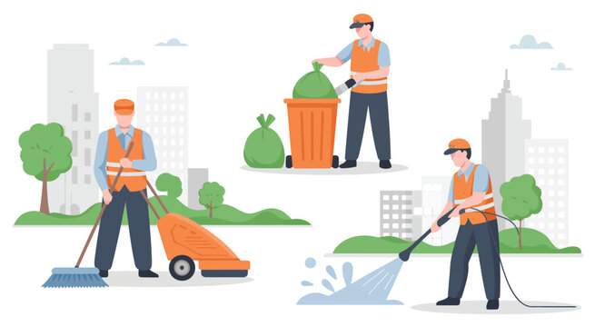 Illustrated city workers performing cleaning tasks with various equipment, including brooms, mops, pressure washers, and trash bins, ideal for urban maintenance, sanitation, and public service 