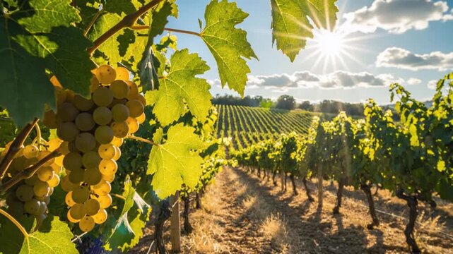 A serene video showcasing a lush vineyard on a sunny day with rows of grapevines and a clear blue sky. agriculture farming video