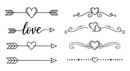 Set of hand drawn love dividers and arrows with hearts for valentines day or wedding decoration