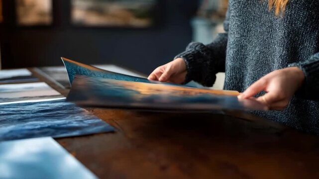 View of a designer assembling a layflat photobook emphasizing seamless panoramic photo spreads and sturdy flatbinding technique.