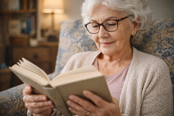 Elderly woman engrossed in reading