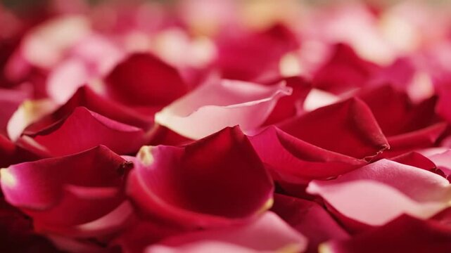 Close up of falling red rose petals on a bed of delicate pink petals romantic floral background