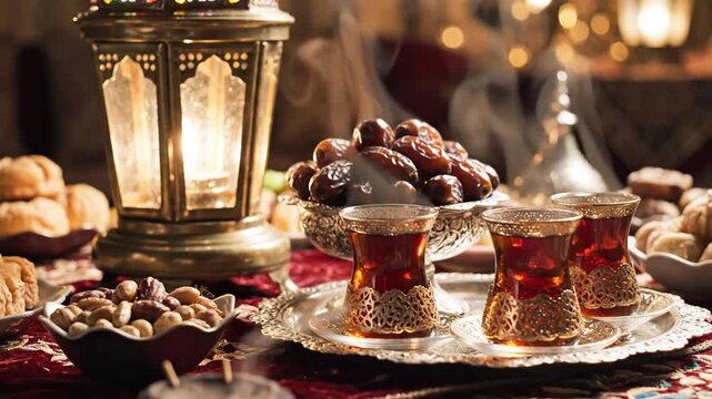 Close up of lantern with food and drinks on a table celebration concept in a warm ambiance