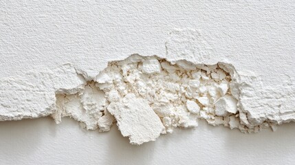 Close-up of peeling white paint revealing textured plaster surface showing damage and decay