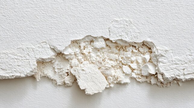 Close-up of peeling white paint revealing textured plaster surface showing damage and decay