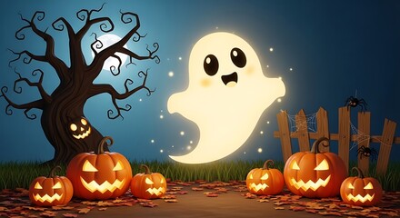 Halloween Night Scene with Spooky Ghost and Pumpkins.