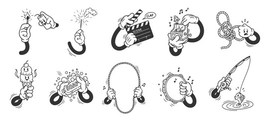 Obraz premium Old School Comic Style Hands Mega Pack. Expressive Animated Arms in Black and White Sketch Drawing.