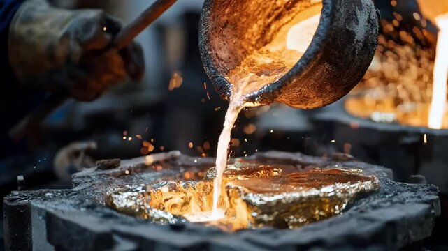 Closeup of a worker skillfully tilting a crucible to pour molten aluminum smoothly into a complex mold showcasing precision in metal casting techniques.