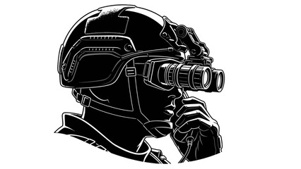 Tactical soldier head profile with night vision goggles on transparent checkered background