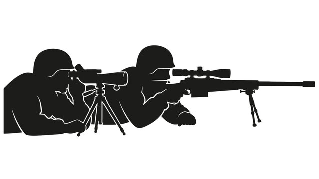 Military snipers or special forces team lying prone aiming with rifle and spotting scope