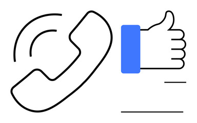 Communication concept. Symbols of a phone receiver and thumbs-up signify communication success. Communication builds connections and feedback. For customer service, telecommunication apps