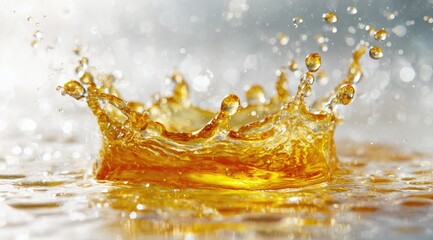 Liquid crown splash with small droplets in mid-air, bokeh backdrop