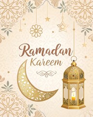 Festive Ramadan Kareem greeting card illustration featuring a golden crescent moon, a glowing traditional lantern, and elegant Islamic patterns for holiday celebrations