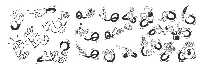 Obraz premium Old School Comic Style Hands Mega Pack. Expressive Animated Arms in Black and White Sketch Drawing.