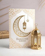 Golden ornamental lantern with burning candle glow stands by a Ramadan Kareem card featuring crescent moon and stars, for Islamic holiday celebrations