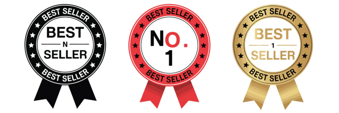 Number 1 best seller vector badge in circular shape with ribbon, flat gradient design suitable for icons, logos, labels, seals, symbols, stamps, stickers, and retail or e commerce branding projects.
