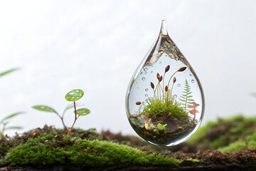 Miniature Forest Ecosystem Encased in a Realistic Water Drop, Symbolizing Nature's Preciousness and Conservation