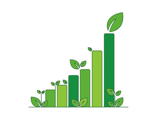 Ascending green bar chart with leaves depicting environmental growth and sustainable progress.