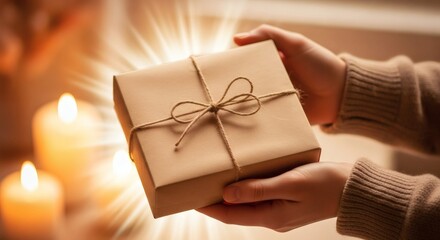 Hands holding a beautifully wrapped gift box tied with twine, with glowing light effects in soft focus background