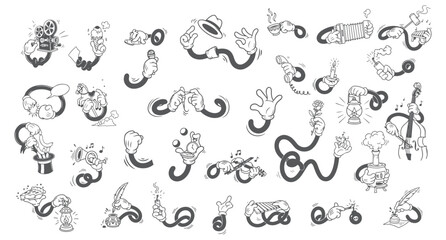 Naklejka premium Old School Comic Style Hands Mega Pack. Expressive Animated Arms in Black and White Sketch Drawing.