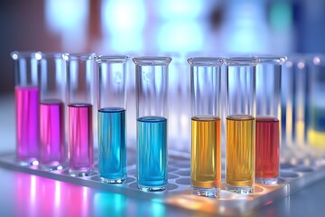 Vibrant colored liquids in test tubes, a captivating glimpse into scientific discovery under cool, bright laboratory lighting.