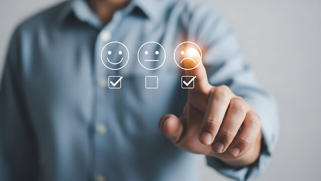 Man interacting with holographic user interface of smiling faces representing artificial intelligence technology - Powered by Adobe
