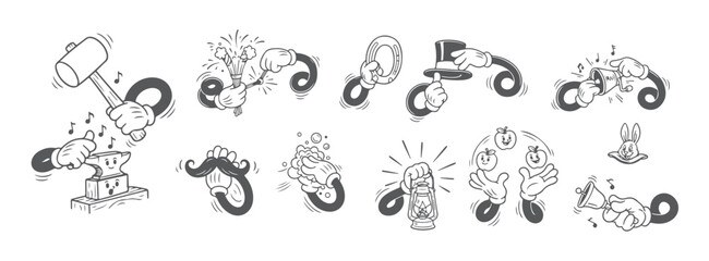 Fototapeta premium Retro Cartoon Comic Hands Set, Vintage Mascot Character Actions and Gestures.
