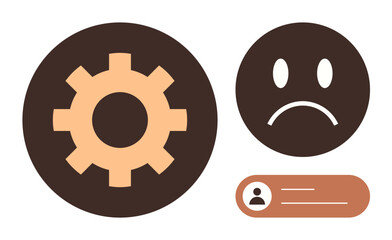 Gear and sad face show troubleshooting or technical problems. User tag highlights personalization issue. Ideal for support, IT, error concepts, usability, emotions, and technology metaphor. Simple