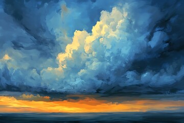 A breathtaking sunset sky, vibrant blues and golds merging at the horizon, painted with dramatic brushstrokes and a sense of awe.