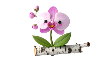 A cute, cartoonish orchid with googly eyes, buds, and leaves on a wooden branch
