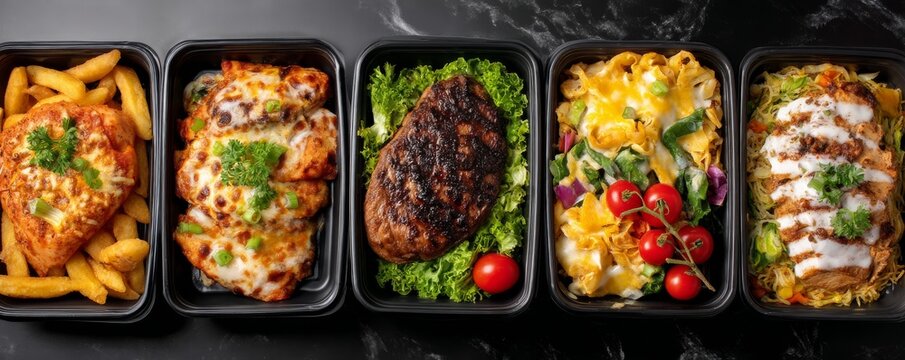 Assorted food delivery containers featuring various appetizing dishes, greens, and garnishes on a dark surface - Powered by Adobe